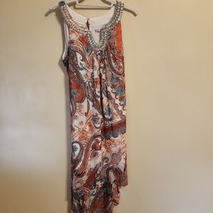 Sandra Darren High Low Dress with Beaded Neckline